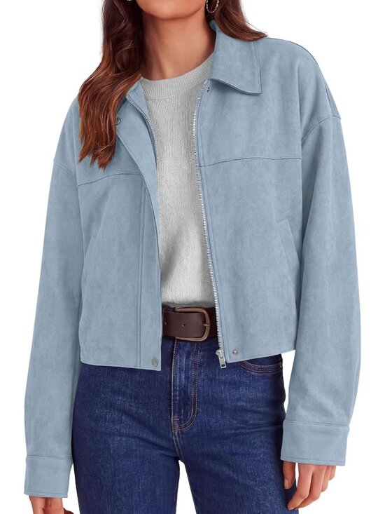 Jackets & Blazers - Womens Light Blue Faux Suede Fall Zip Up Oversized Casual Shacket Cropped Jacket